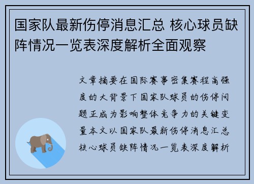 国家队最新伤停消息汇总 核心球员缺阵情况一览表深度解析全面观察 国家队最新伤停消息汇总 核心球员缺阵情况一览表深度解析全面观察